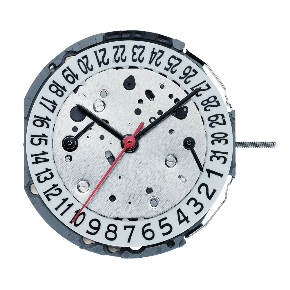 Watch movement: silver mainplate, black hands, red seconds hand, white date wheel, and winding stem.