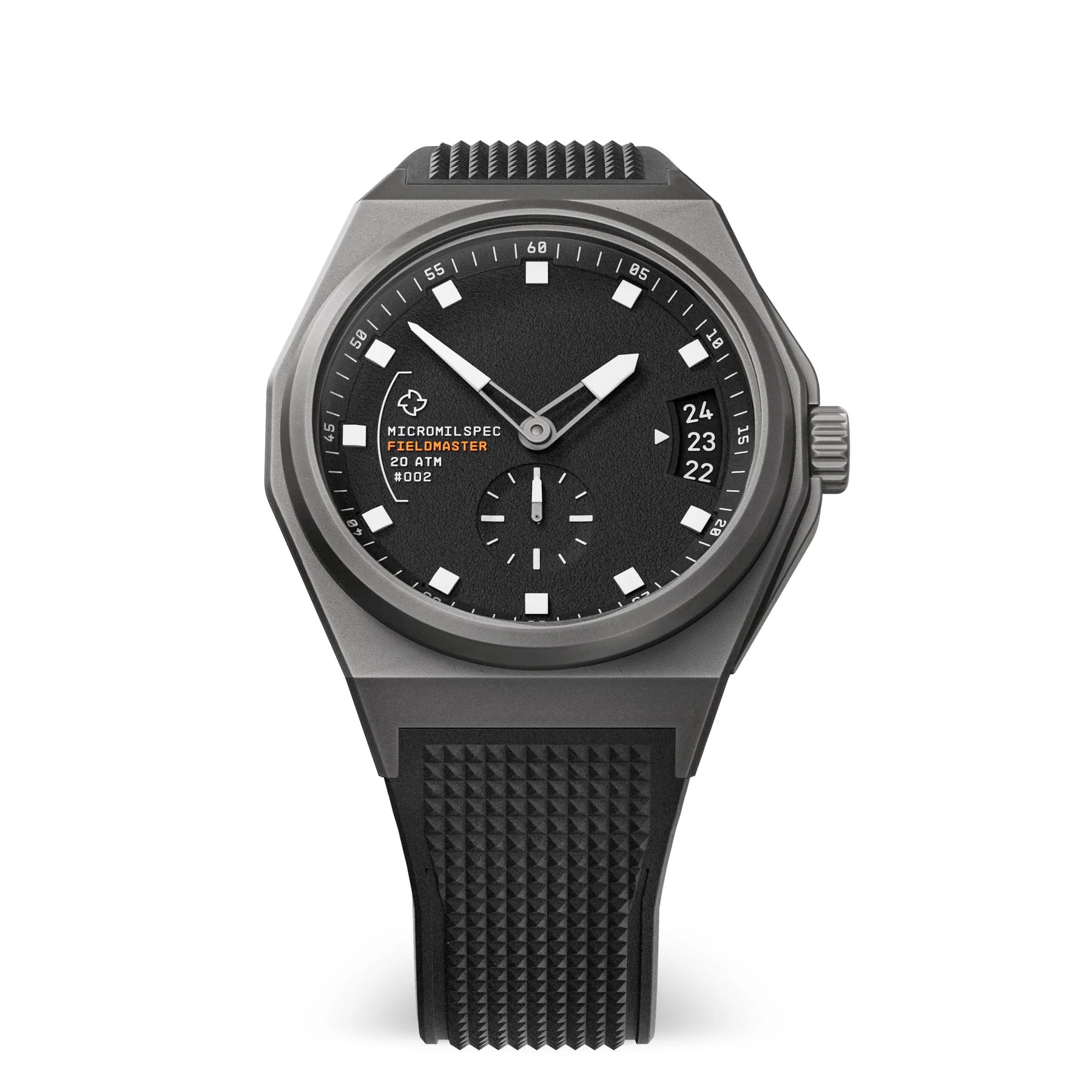 Dark grey Micromilspec Fieldmaster watch with octagonal case, black textured dial, date, small seconds, and rubber strap.