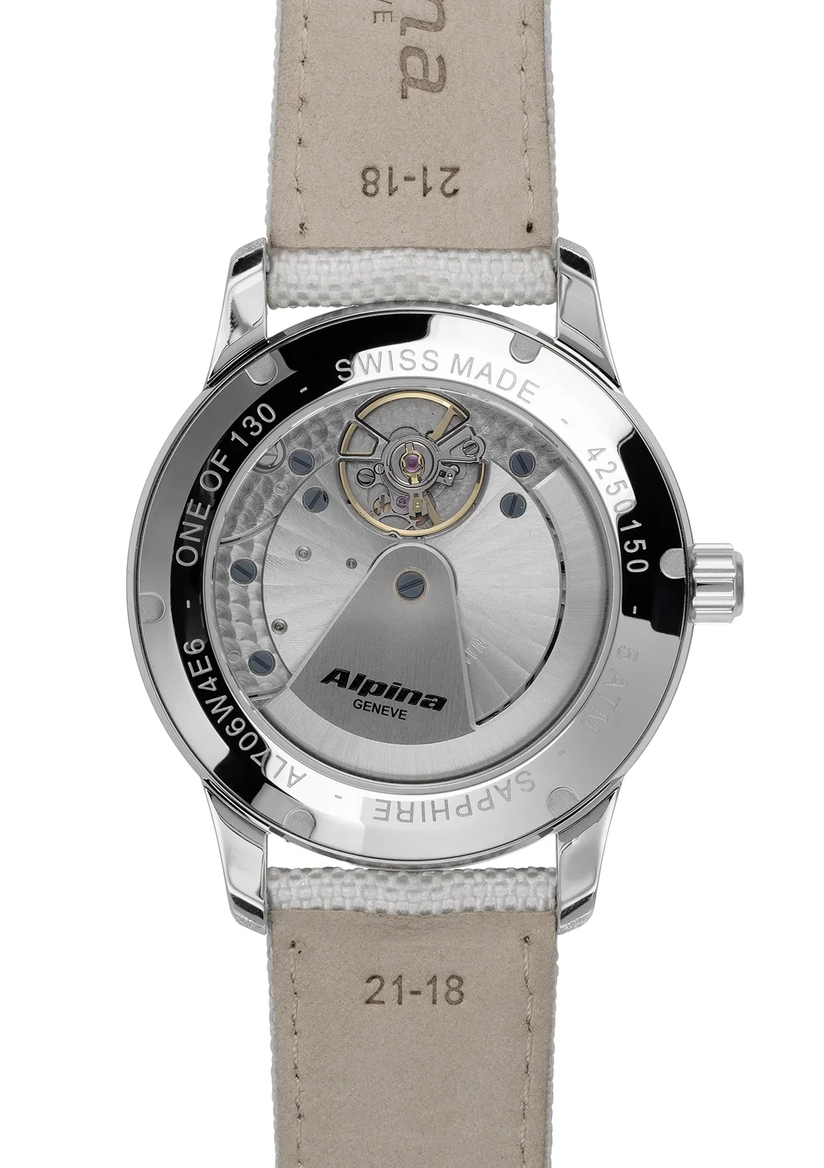 Alpina luxury watch back, Swiss automatic movement visible via sapphire exhibition case.