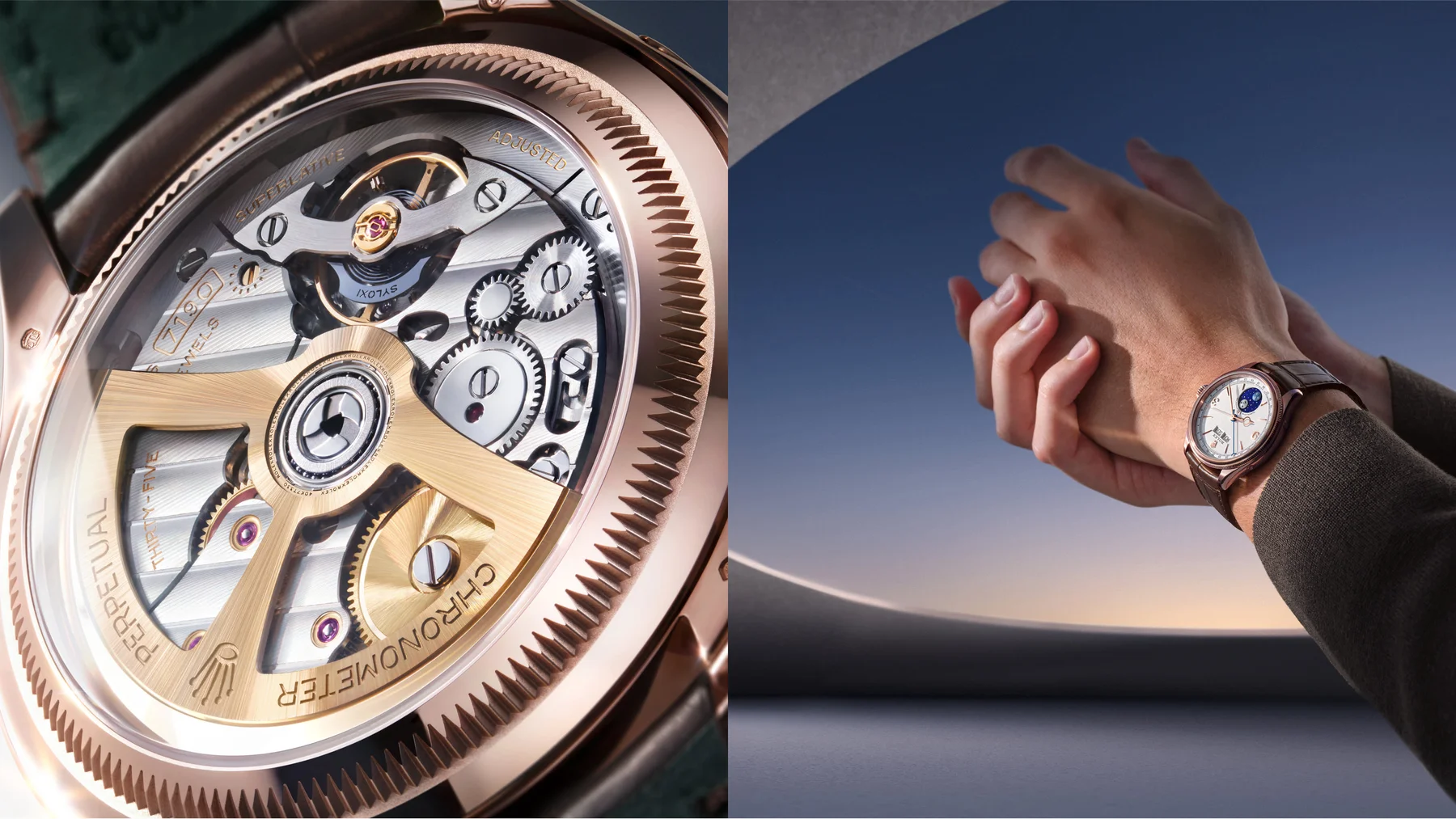 Close-up of a Rolex rose gold movement with fluted bezel. Right: Hands wear a rose gold moonphase watch, brown strap.