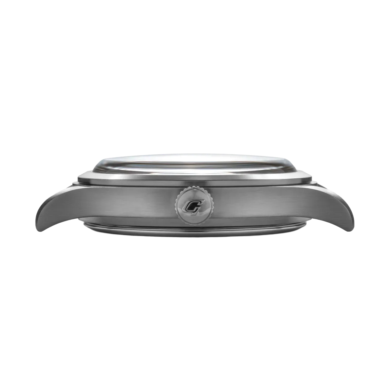 Close-up profile view of a luxury watch with a brushed metal case, domed crystal, and crown featuring a 'C' logo.