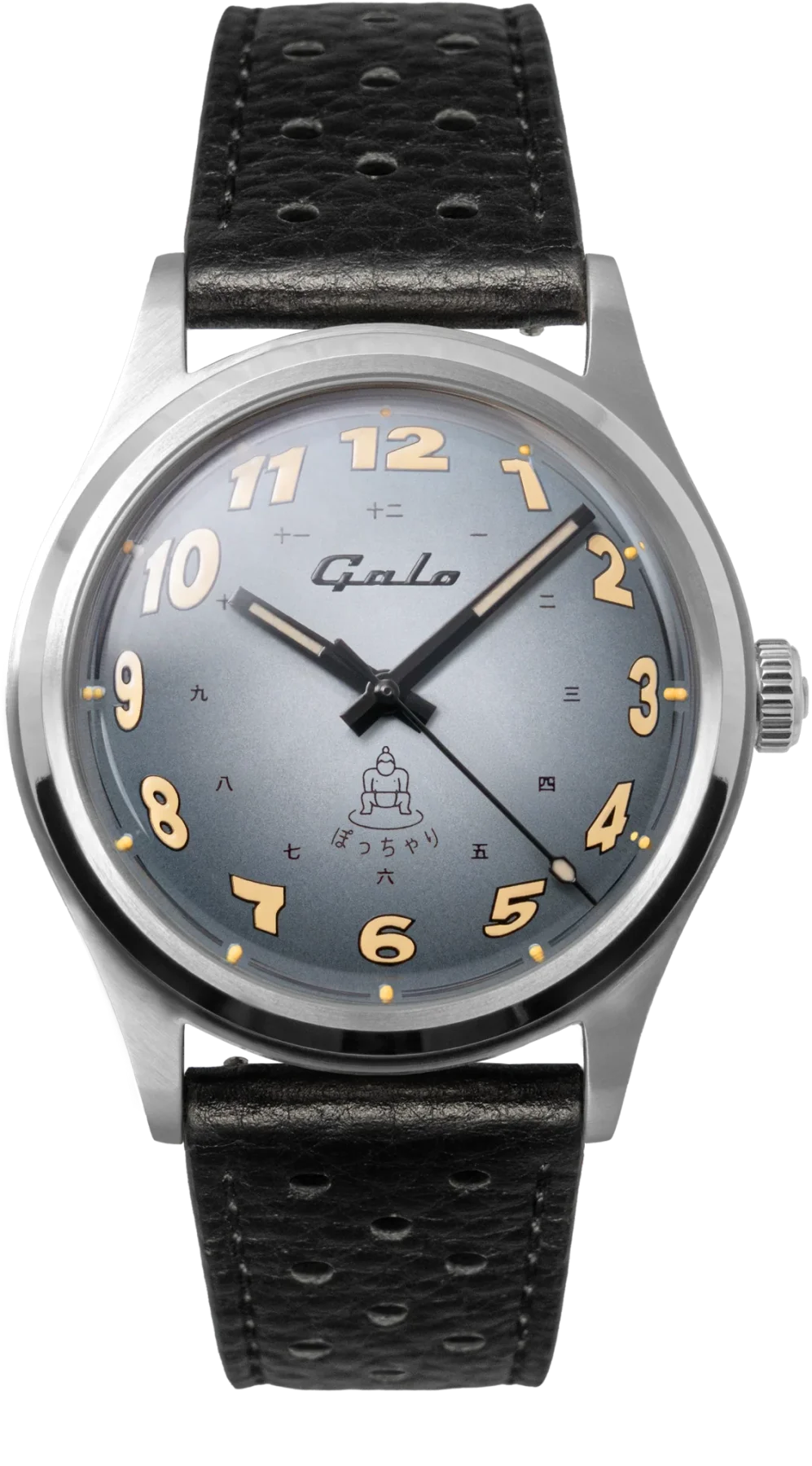 Silver watch with gray dial, gold Arabic & Kanji numerals, black hands, Galo logo, and a sumo wrestler icon. Black perforated leather strap.