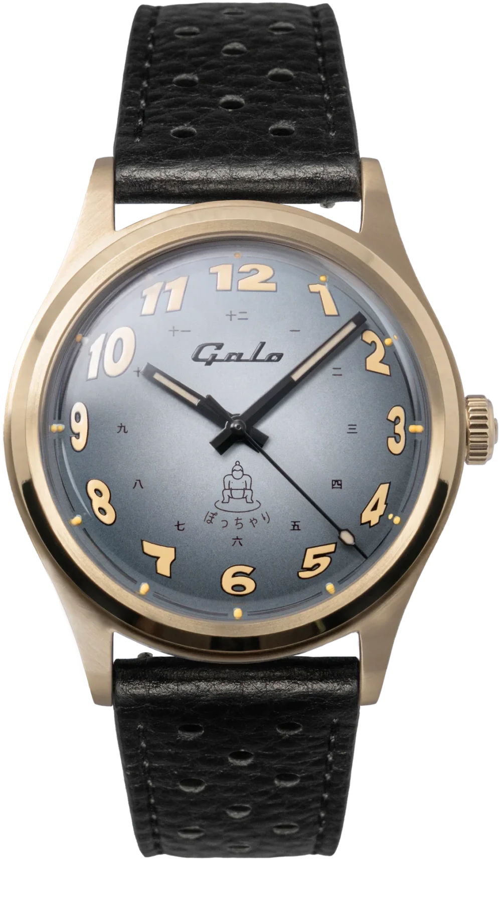 Galo watch with gold-toned case, blue-grey dial, golden numerals, sumo wrestler icon & 'ぽっちゃり' text, black perforated strap.
