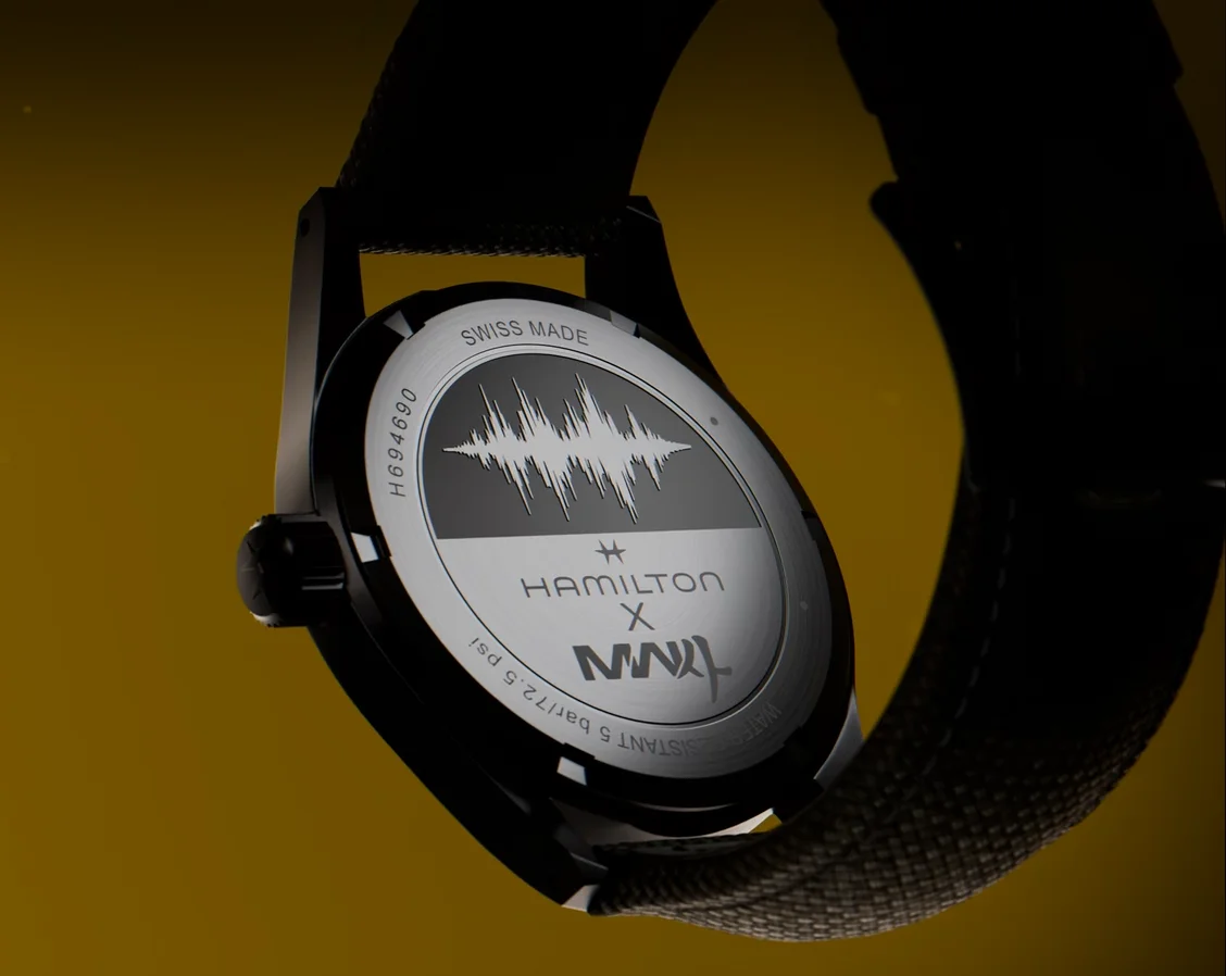 Dark Hamilton X MWII watch case back with soundwave graphic, 
