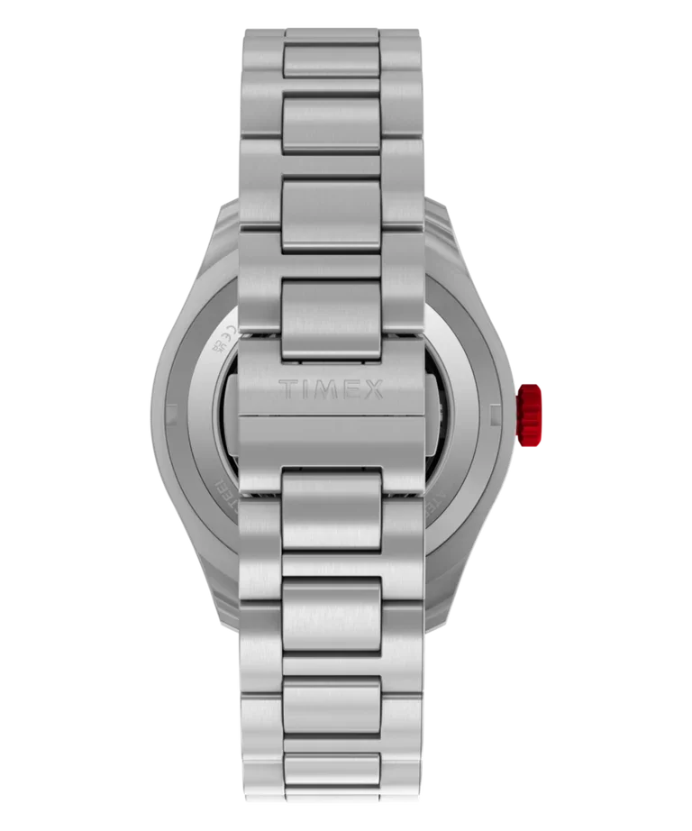 Top-down view of a silver Timex watch with a brushed metal bracelet and red side accent.