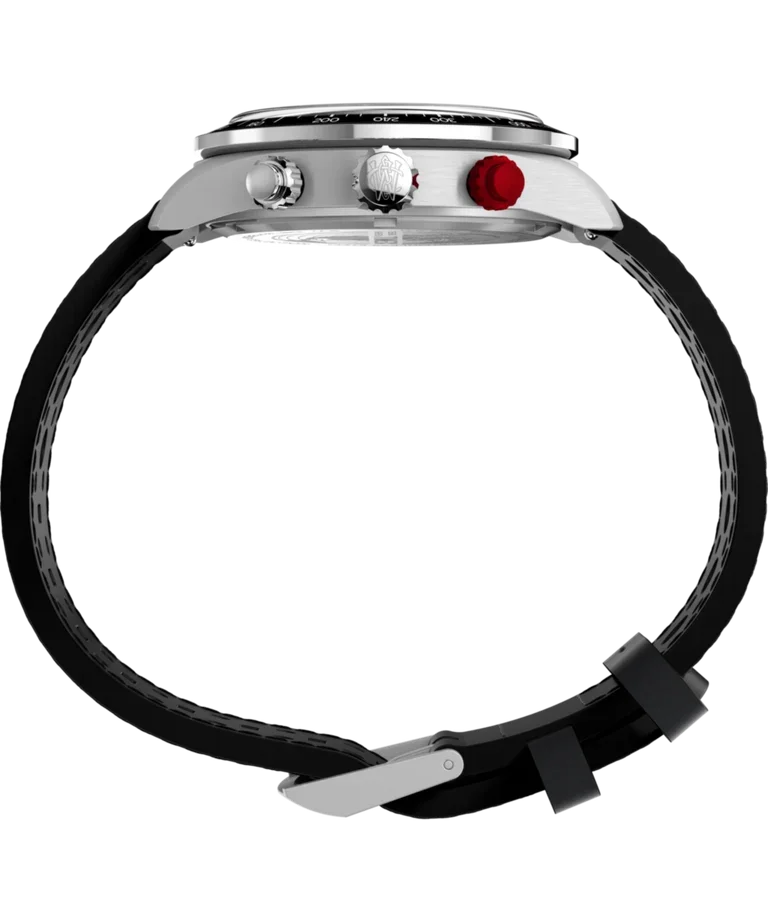 Silver chronograph watch in profile, showing silver case, black bezel, silver crown with logo, silver & red pushers, and black textured strap with silver buckle.