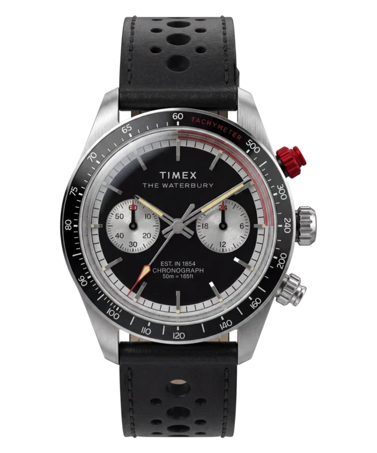 Timex Waterbury Chronograph with black dial, silver-tone case, black tachymeter bezel, perforated leather strap, red pusher.