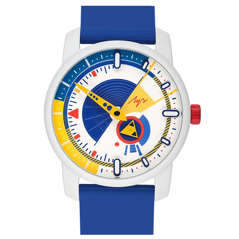 White watch with blue strap. Graphic dial with concentric blue, yellow, and red patterns. Yellow hands, red crown.