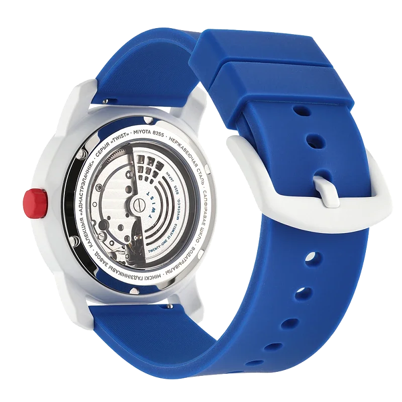 White watch with bright blue silicone strap, white buckle, and red crown. Exhibition case back reveals its mechanical movement.