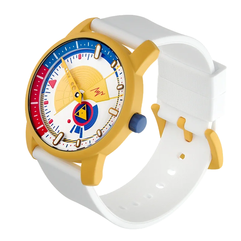 Yellow luxury watch with white rubber strap. White dial features red, blue, & yellow graphics. Blue crown, black background.