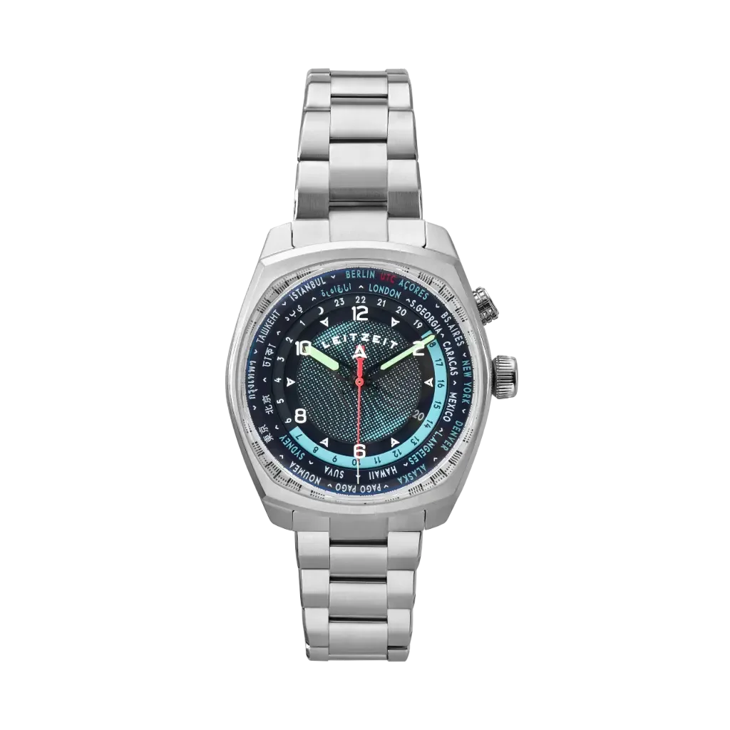 Angular silver ZEITZEIT watch with metal bracelet, dark blue world time dial, red second hand, and white indices.