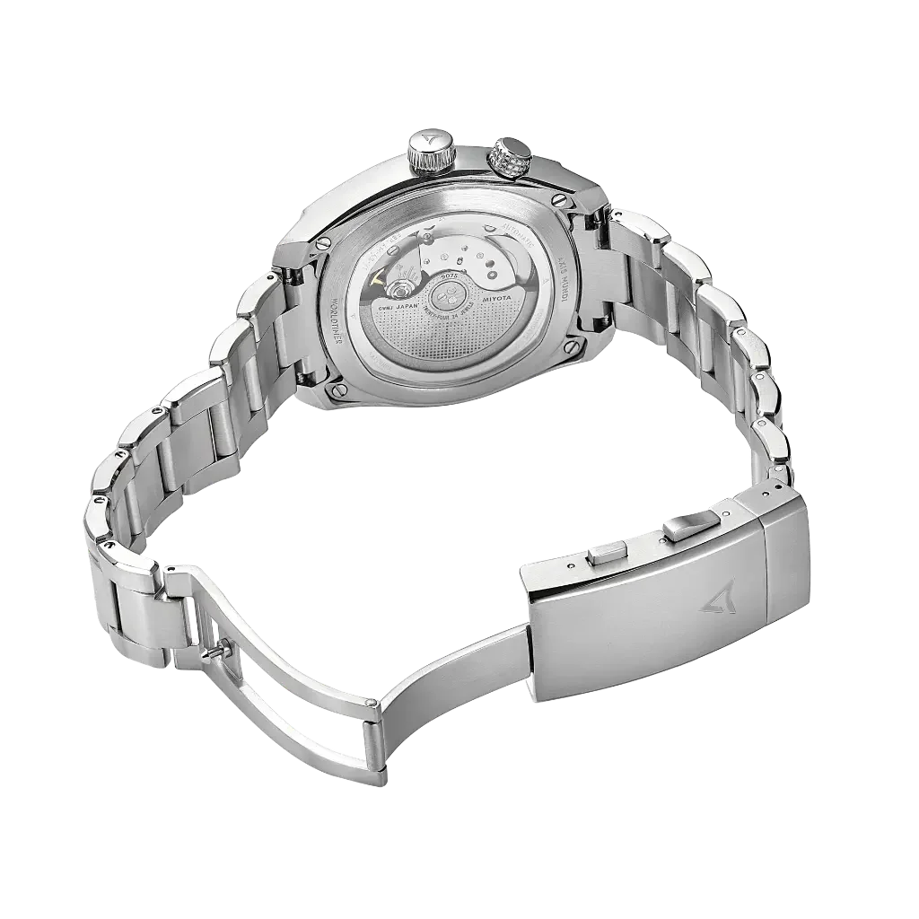 Stainless steel luxury watch from behind, revealing automatic movement in exhibition caseback and open clasp.