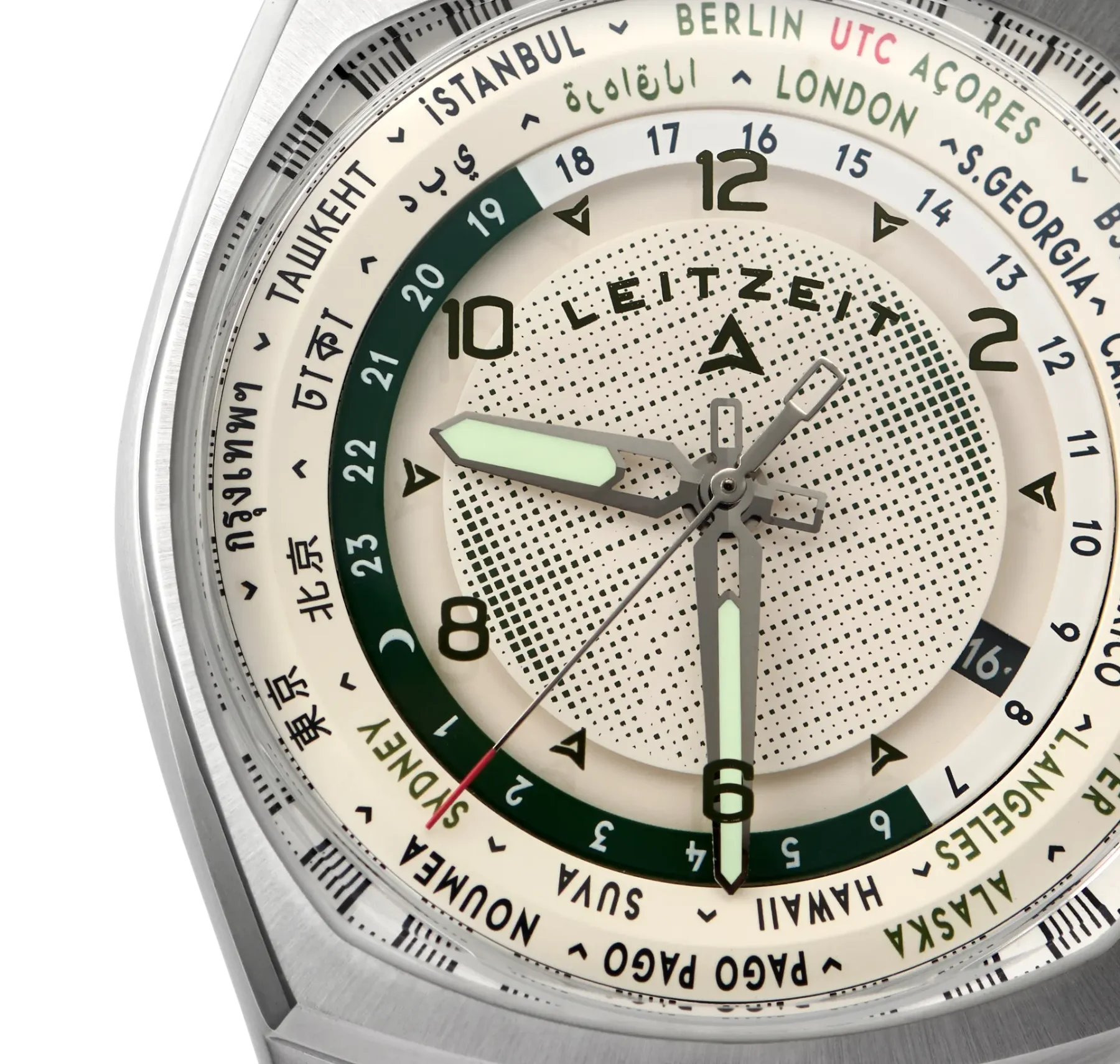 LEITZEIT world timer watch dial with cream face, green 24-hour ring, global city names, luminous hands & dotted pattern.