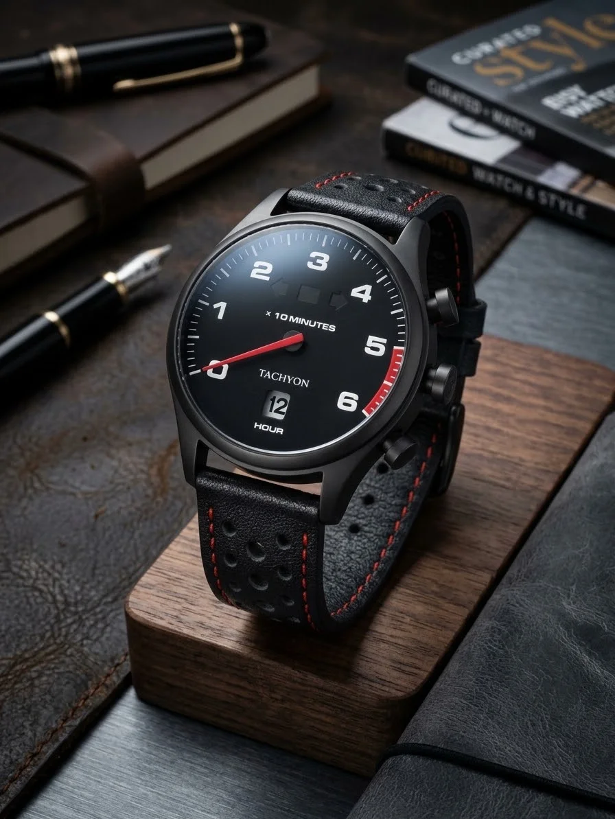 Black Tachyon watch, red hand, perforated black leather strap, on a wood stand, with pens, notebooks, and books.