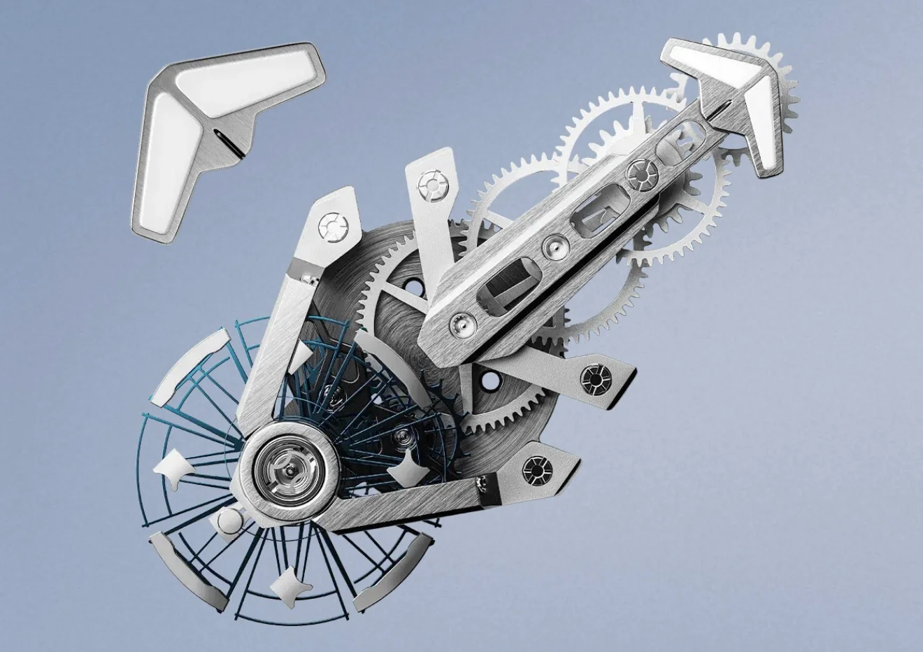 Intricate watch movement components: gears, brushed bridges, blue balance wheel, & detached wing-shaped part on pale blue.