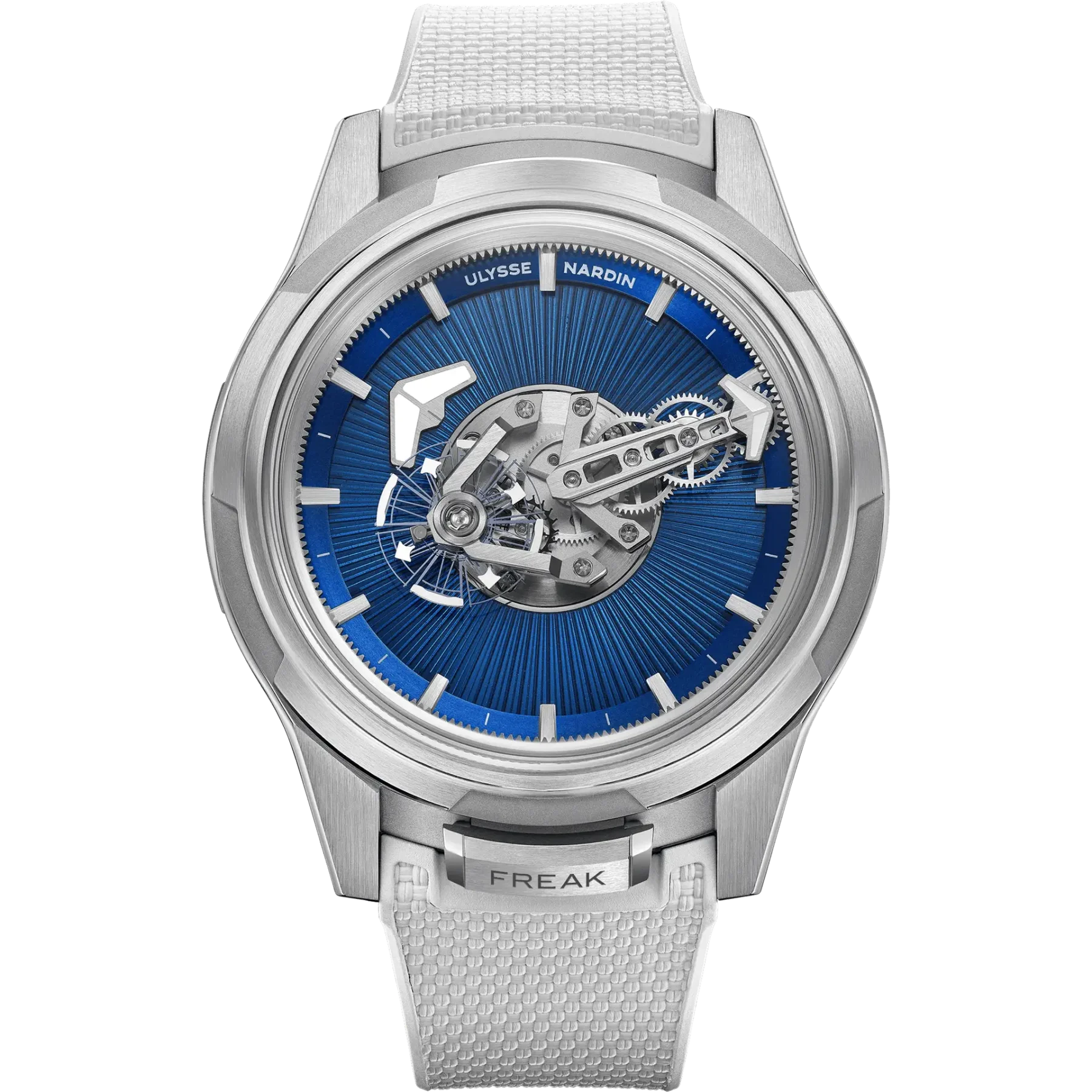 Ulysse Nardin Freak watch with a brushed silver case, radial blue dial, skeletonized movement, and white textured strap.