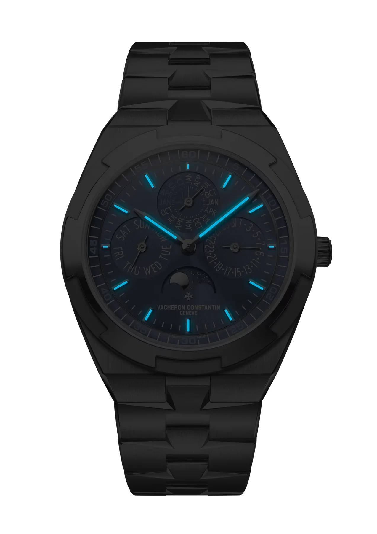 Monochromatic black Vacheron Constantin watch with blue luminous hands, markers, and perpetual calendar moon phase dial.
