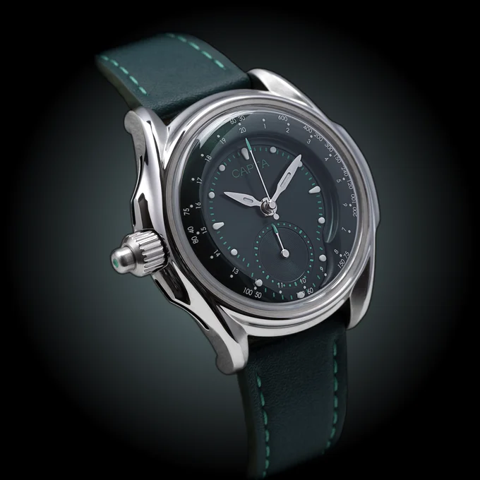 CARPA luxury watch: polished silver case, dark green dial with sub-dial & light markers, green leather strap, dark background.
