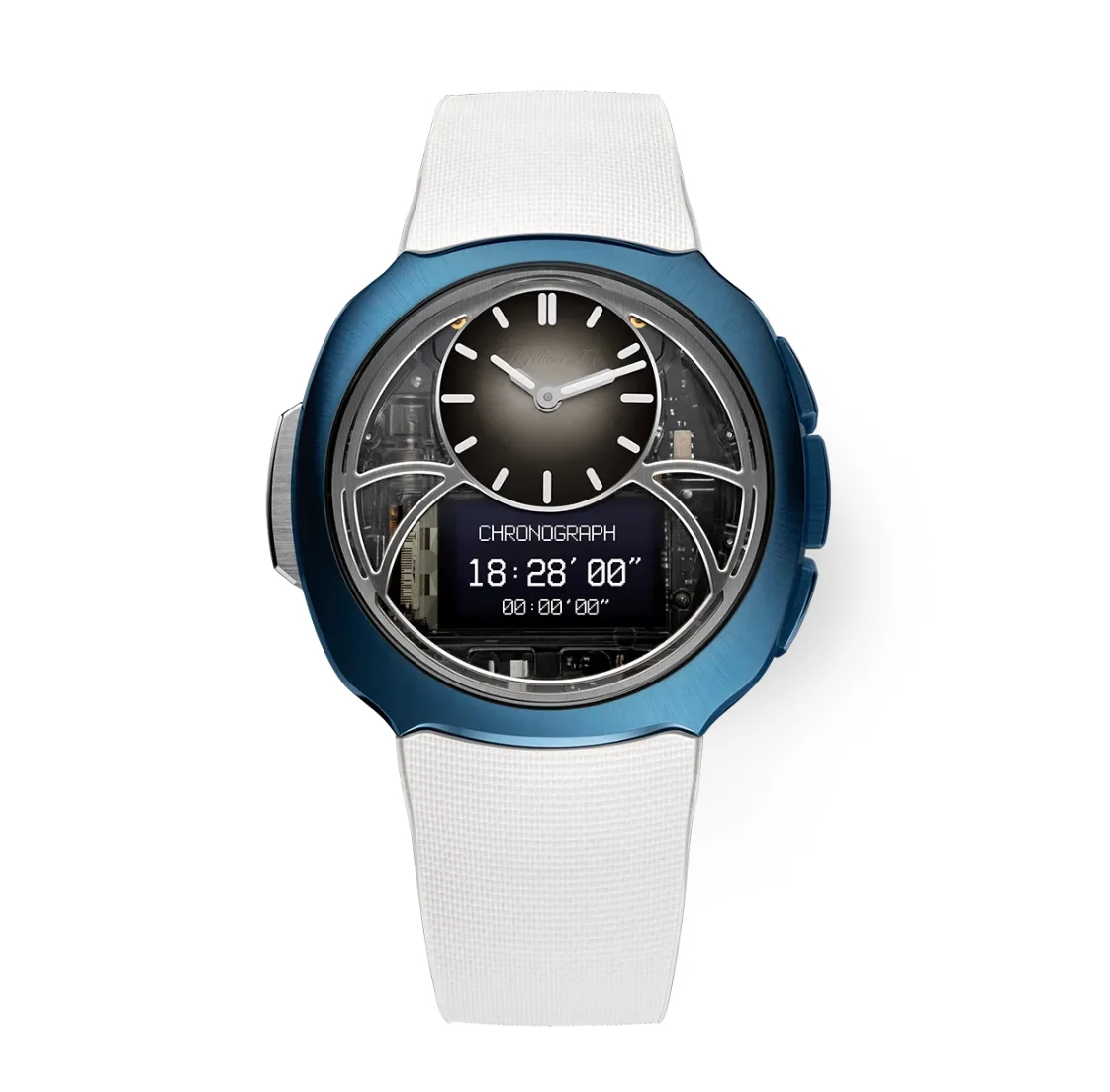 Blue-cased watch with white strap, analog sub-dial, digital chronograph, and visible movement on white background.