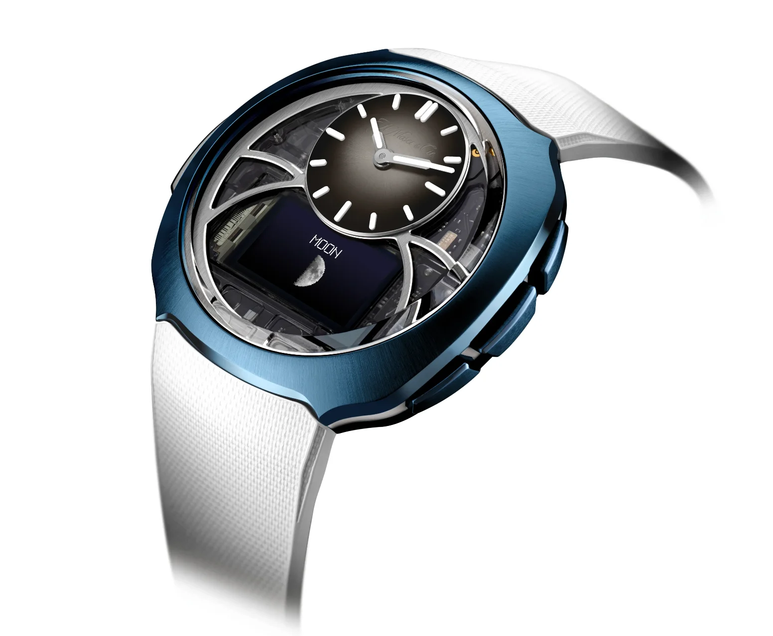 Blue luxury watch with skeletonized view, dark sub-dial, digital moon phase, and textured white strap on white.