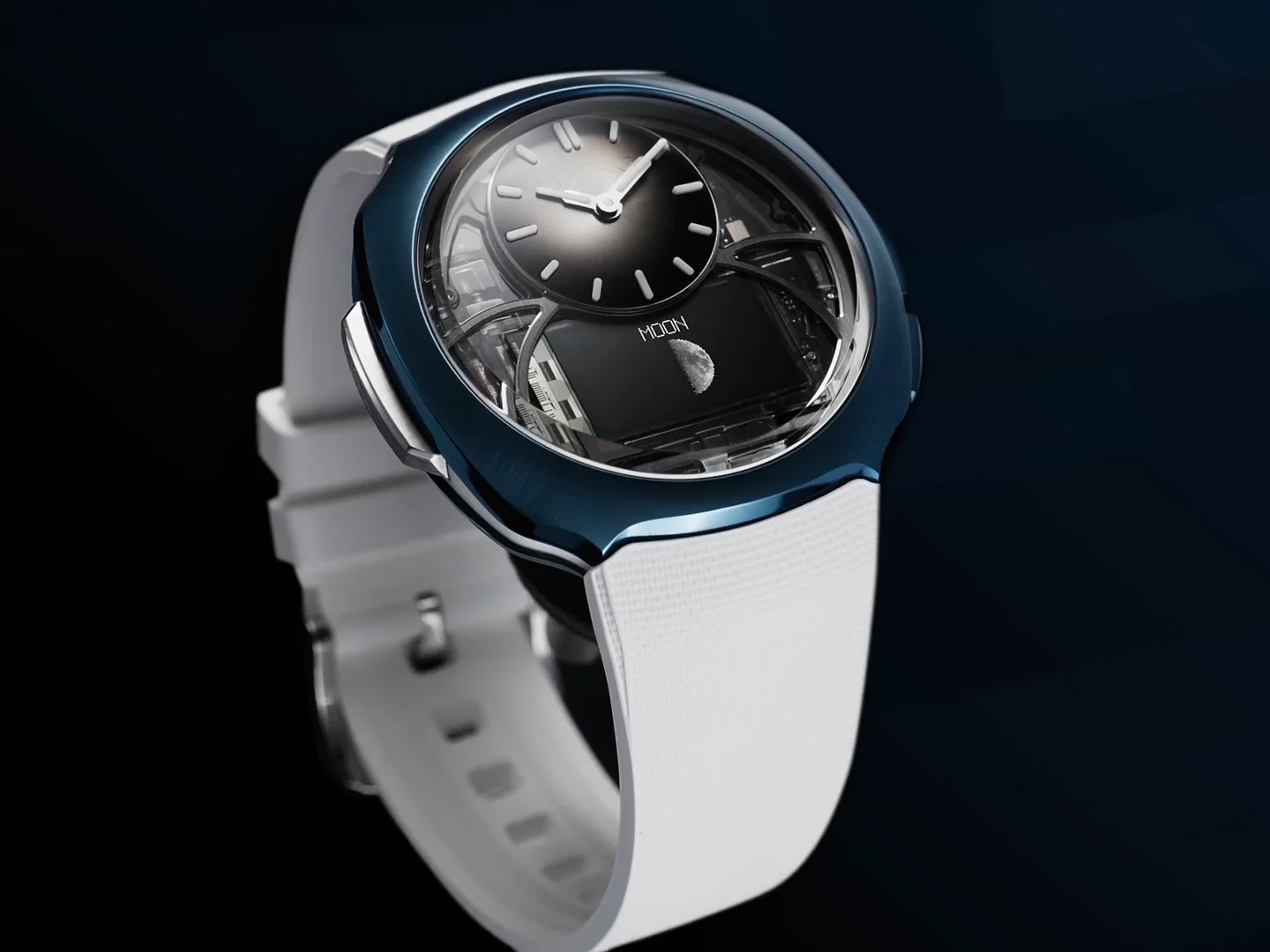 Blue luxury watch with white textured strap. Open dial shows dark sub-dial and digital moon phase display.