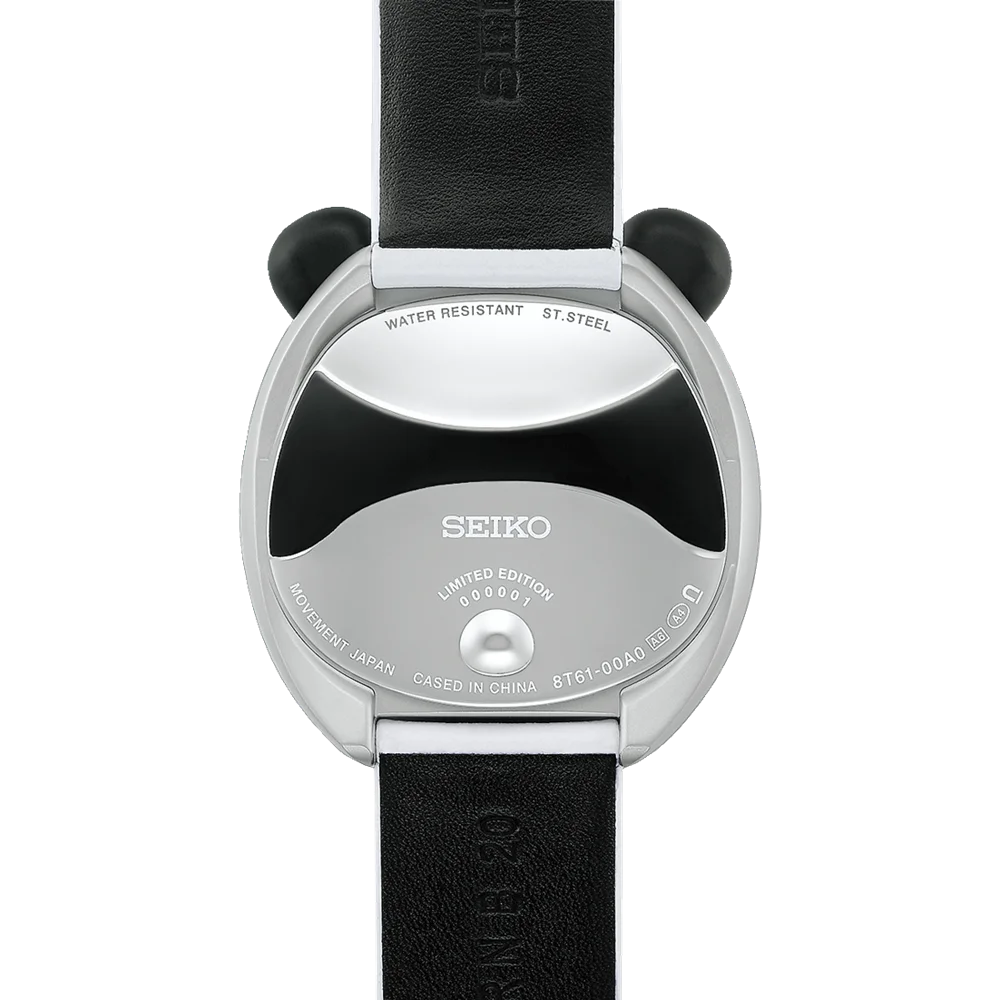 Seiko watch back, silver case, black leather strap. Engraved: Limited Edition, Water Resistant, ST.STEEL.