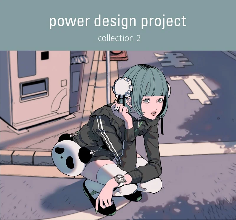 Anime girl with teal hair, fluffy earmuffs, panda dial watch, panda bag, crouching on a street by a vending machine.