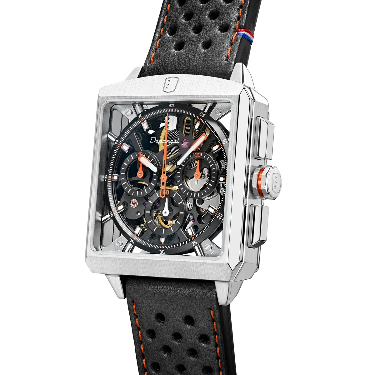 Square silver Deranciel watch with black skeleton dial, orange accents, and a black perforated leather strap.