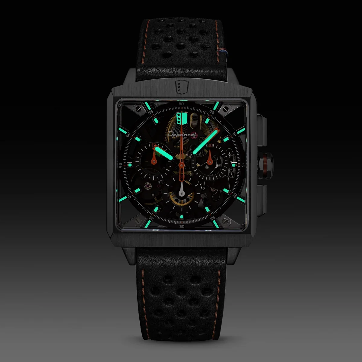 Square black Defiancel luxury watch with glowing hands, skeleton dial, and perforated leather strap on a dark background.