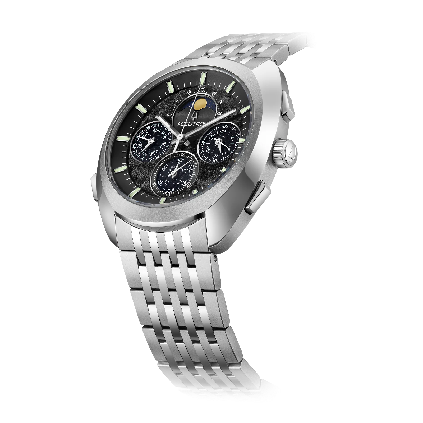 Silver Accutron luxury watch with granular dark dial, moon phase, day/date/month subdials, and multi-link steel bracelet on black.