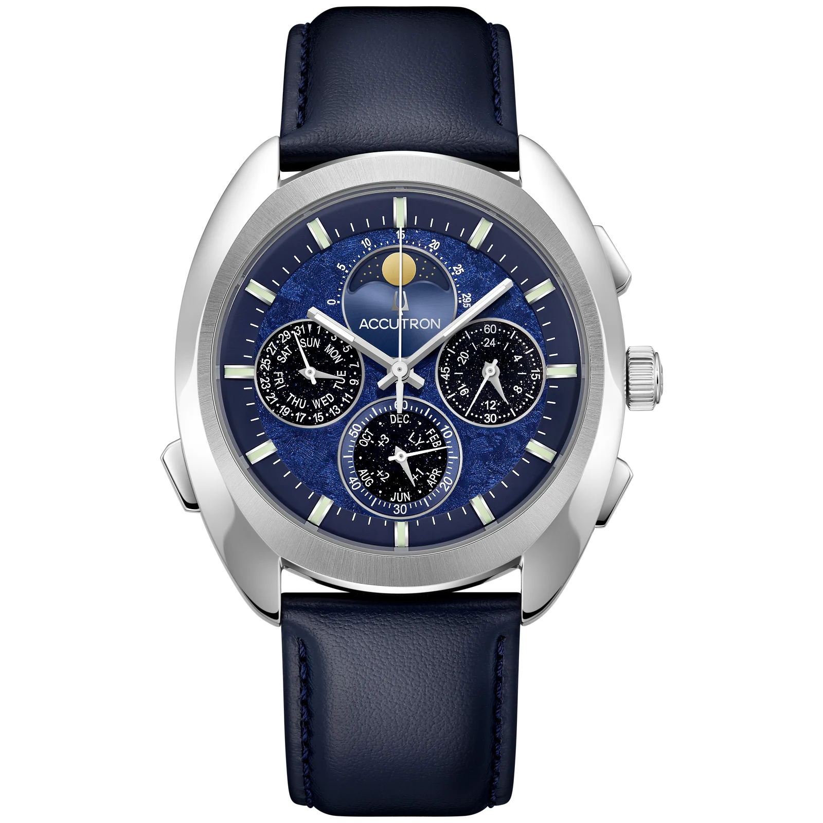 Accutron silver-tone watch with a deep blue textured perpetual calendar dial, moon phase, and navy leather strap.