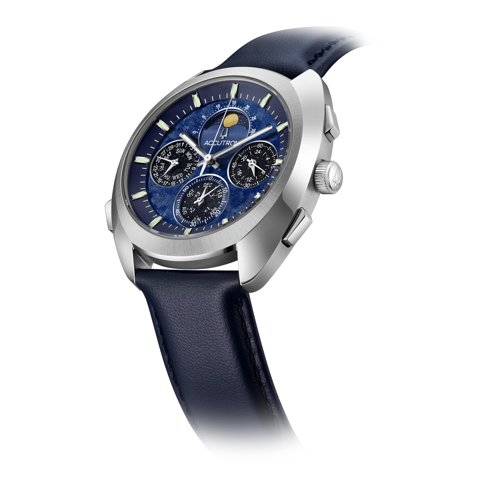 Silver Accutron watch with deep blue textured dial, moon phase, calendar sub-dials, and blue leather strap on black.