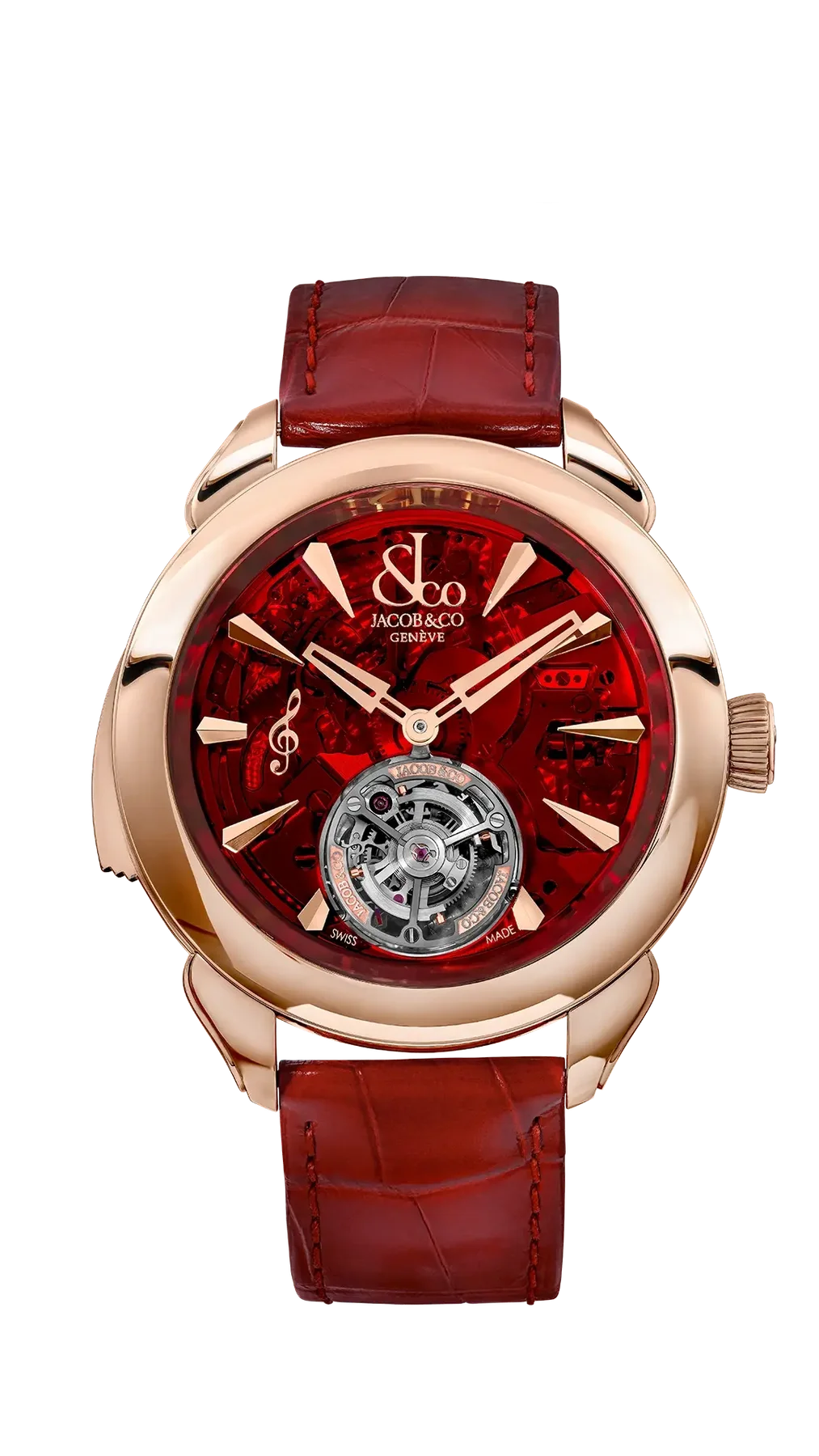 Rose gold Jacob & Co. watch with deep red skeleton dial, flying tourbillon, treble clef, and red alligator strap.