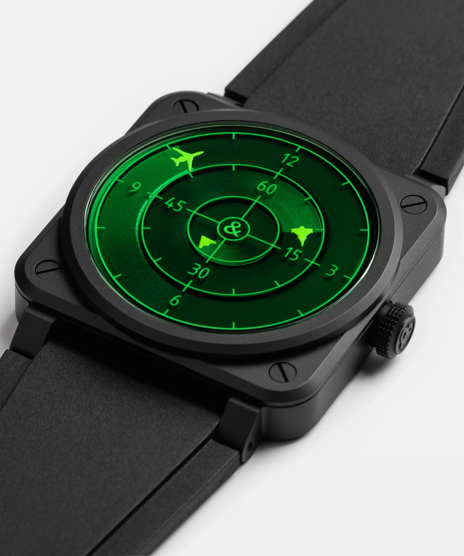 Matte black square luxury watch with a vibrant green radar-style dial showing airplanes, numbers, and a central logo.