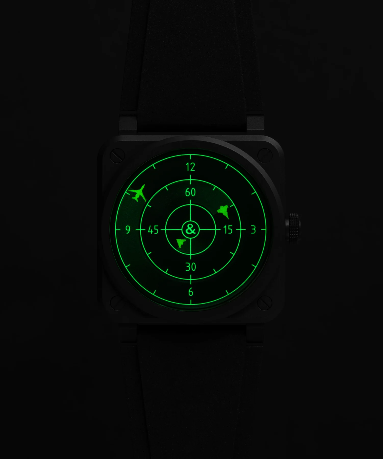 Black square watch with a luminous neon green radar dial displaying a plane icon and numerical markers on a dark background.