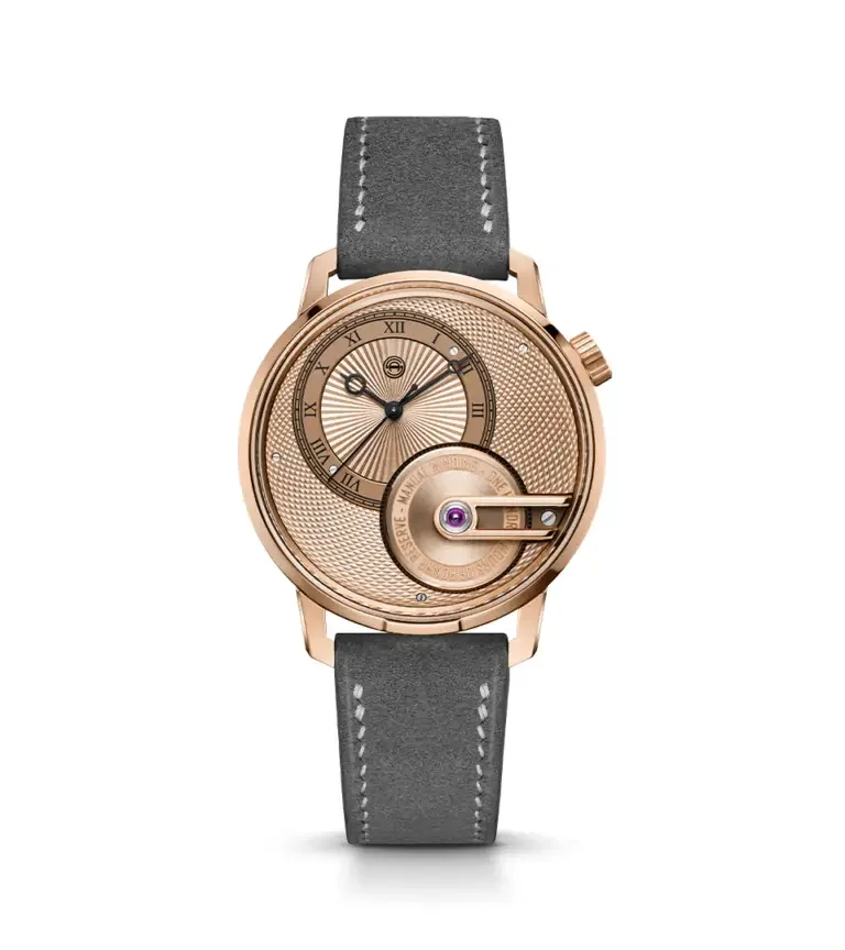 Rose gold watch, grey strap with white stitching, textured dial with Roman numerals, and power reserve with purple jewel, on white.