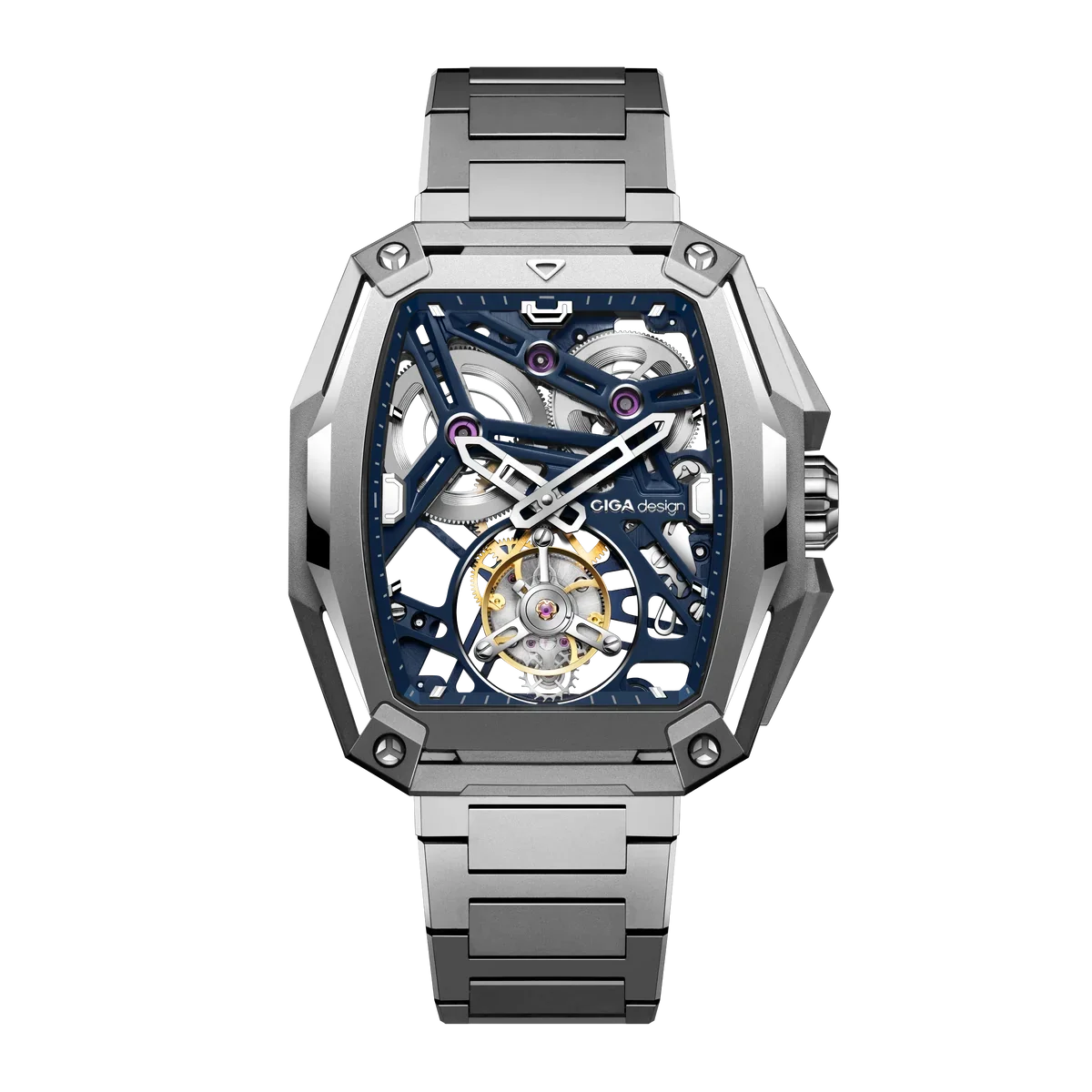 CIGA Design watch: silver angular case, blue skeleton dial showing golden balance wheel, and steel bracelet on black.