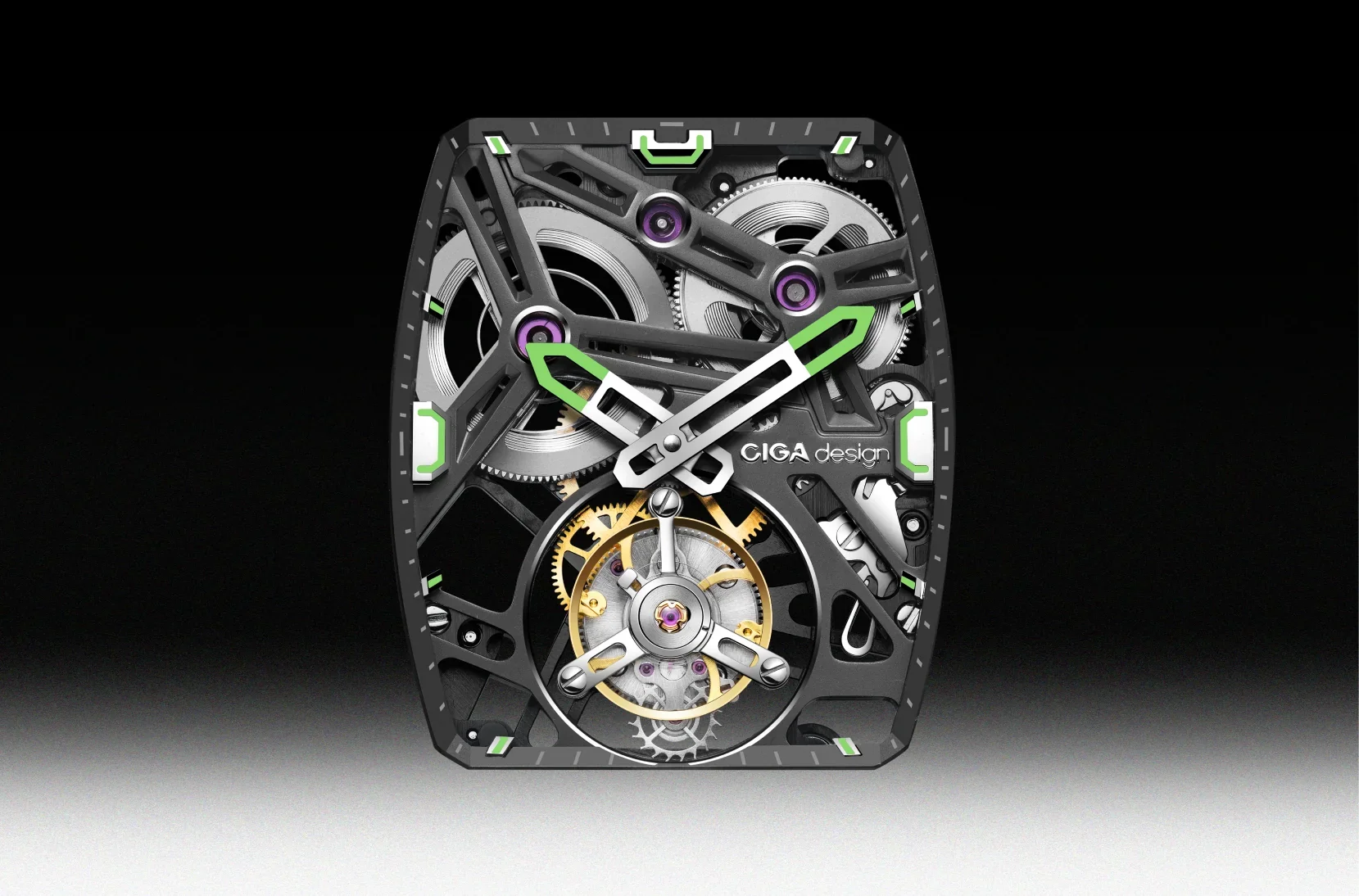 CIGA Design skeleton watch with exposed movement, dark case, gold/silver gears, green hands, purple accents, on dark grey bg.