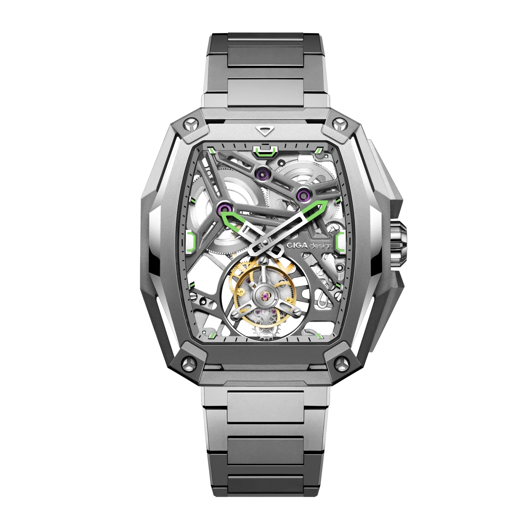 CIGA Design silver tonneau skeleton watch with green accents, visible gears, gold tourbillon, and metal bracelet on black.