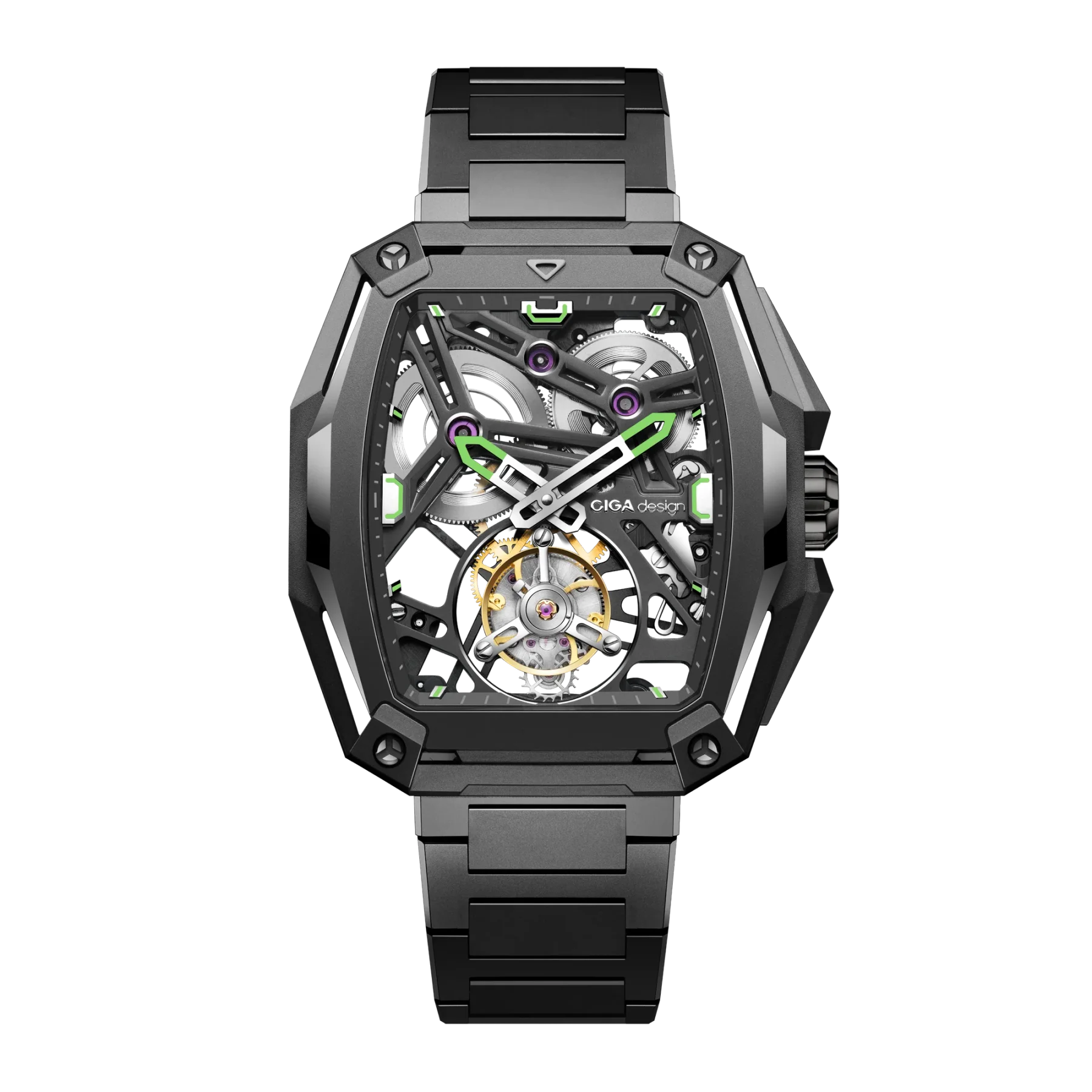 Close-up: dark grey CIGA design skeletal watch with green accents, gold tourbillon, black background.