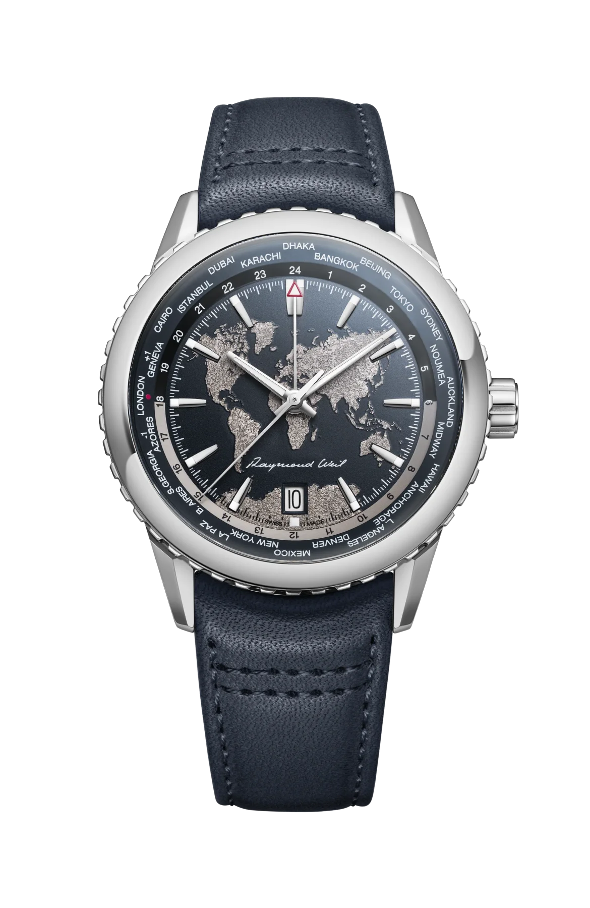 Raymond Weil world timer: silver case, dark blue dial with world map, city bezel, date 10, blue leather strap.
