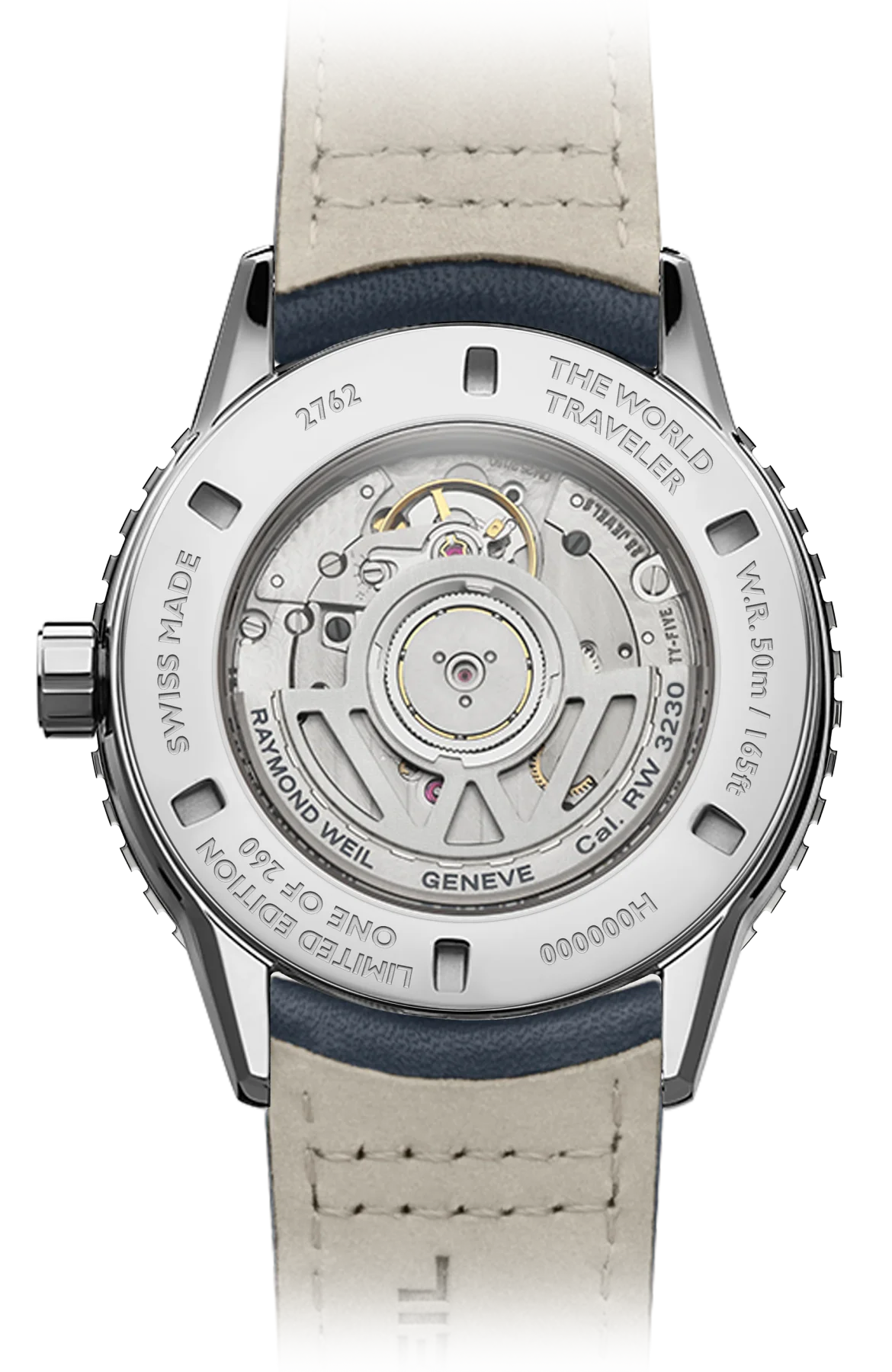 Rear view of Raymond Weil 'The World Traveler' watch, exhibition caseback reveals automatic movement. Beige leather strap.
