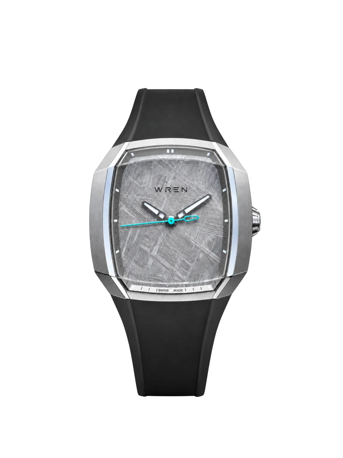 Wren sports watch with angular silver case, grey meteorite dial, teal seconds hand, and black rubber strap on black background.