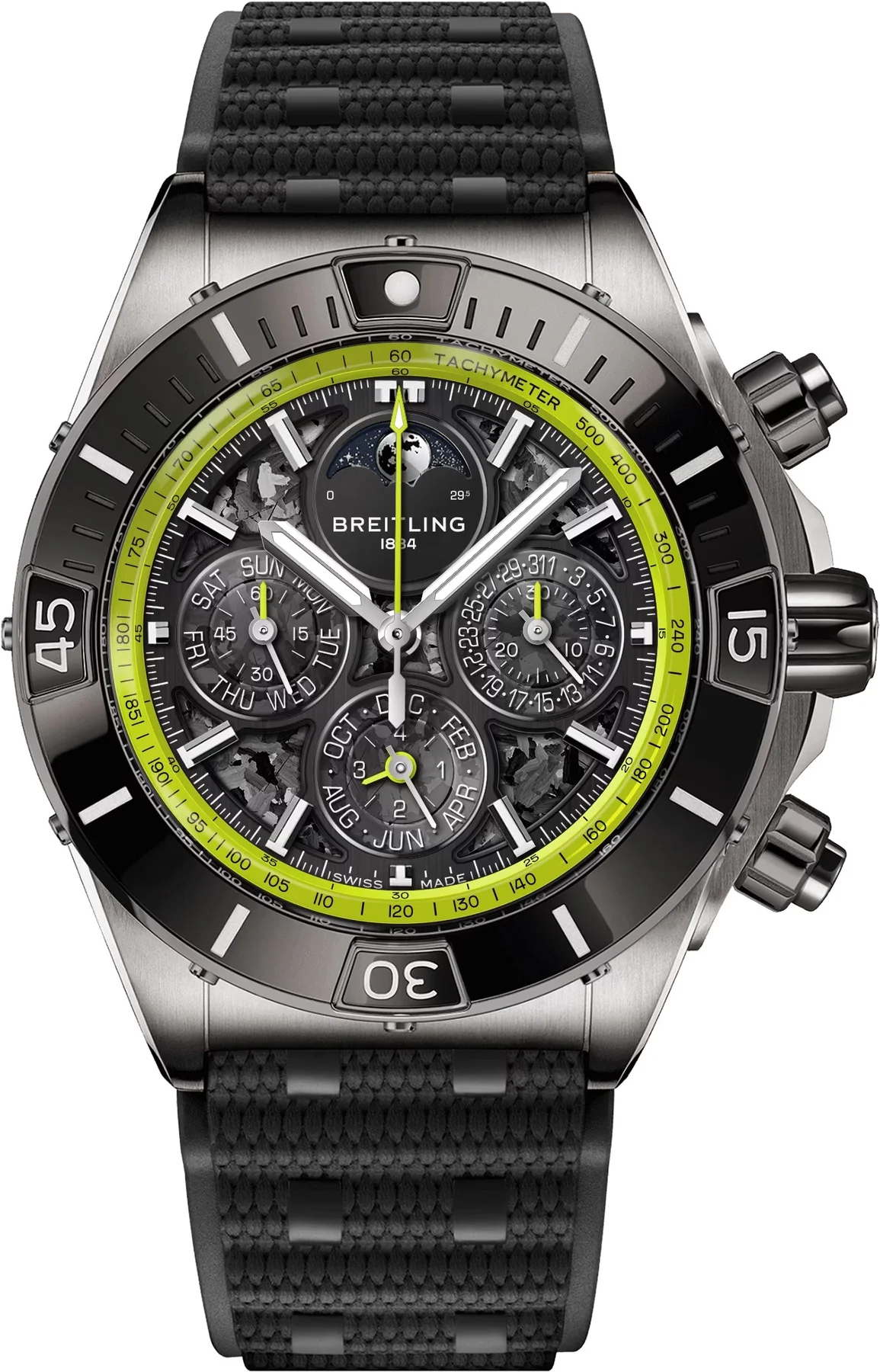 Breitling chronograph watch with black openworked dial, neon yellow accents, moon phase, calendar, and textured black rubber strap.