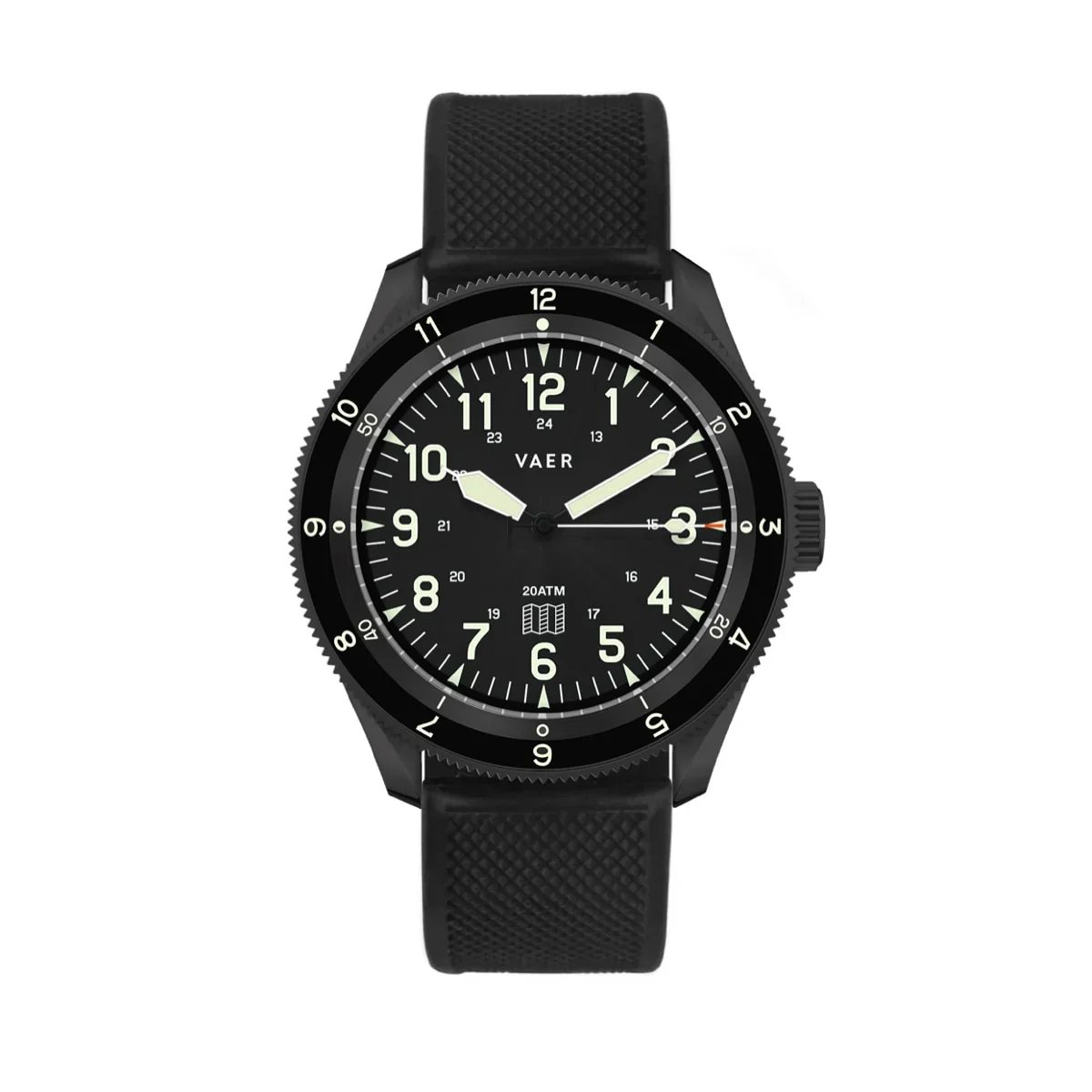 Black Vaer dive watch with luminous military dial, date, rotating bezel, and textured rubber strap on white.