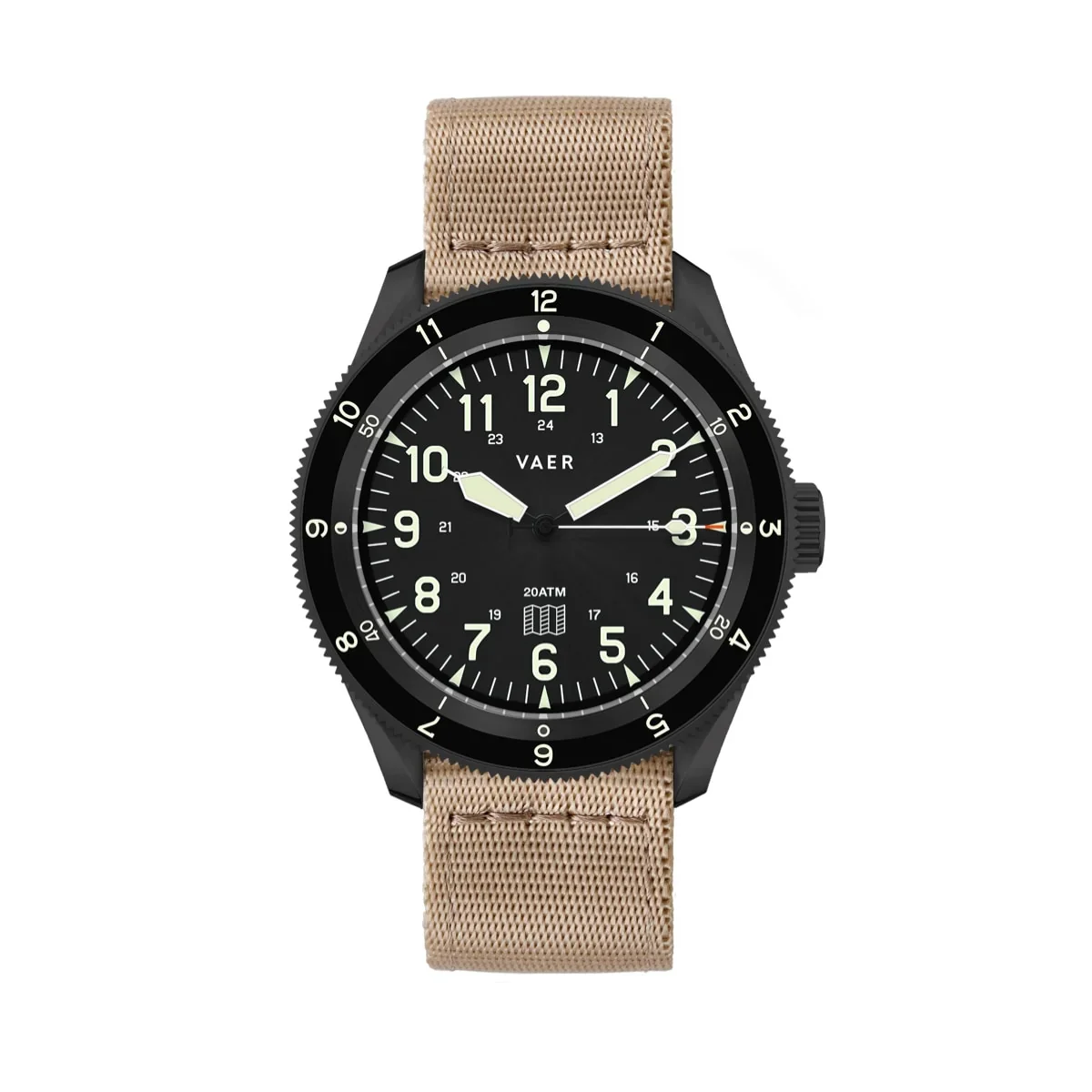 Black Vaer field watch with luminous dial, white Arabic numerals, and tan fabric strap on white background.