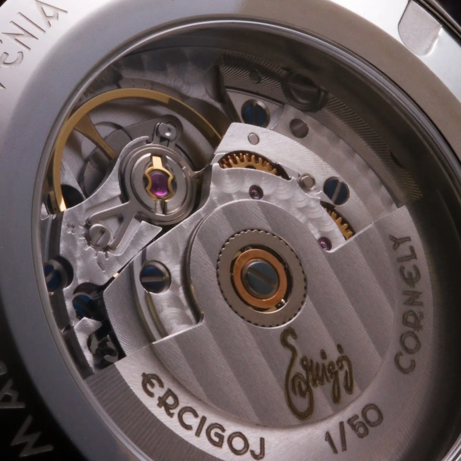 Intricate luxury watch automatic movement: golden rotor, rubies, gears, blued screws, Geneva stripes, and engravings.