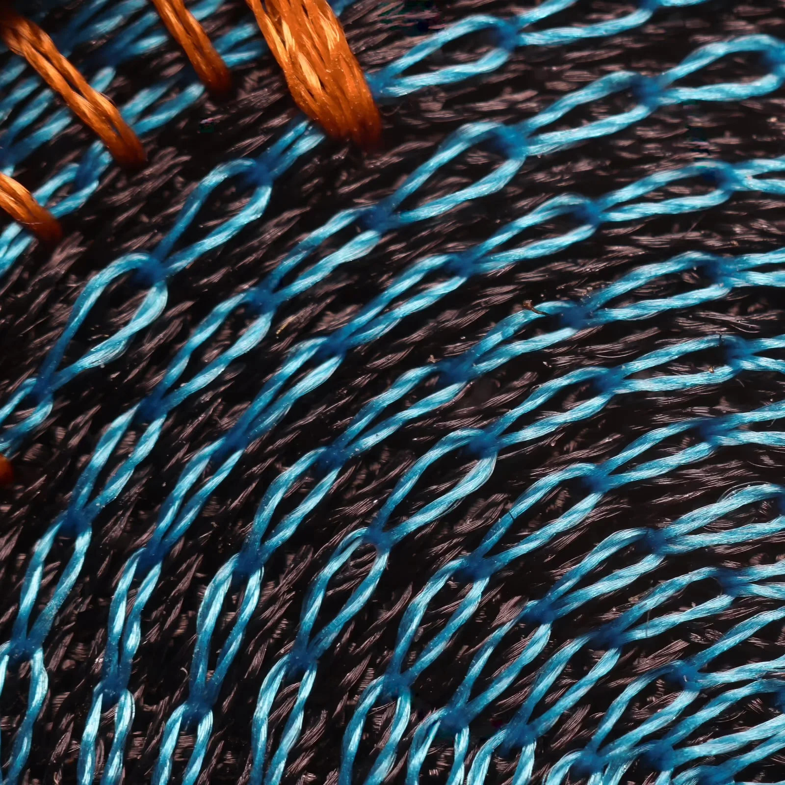 Macro view of blue threaded loops over a dark woven texture, with sparse orange threads.