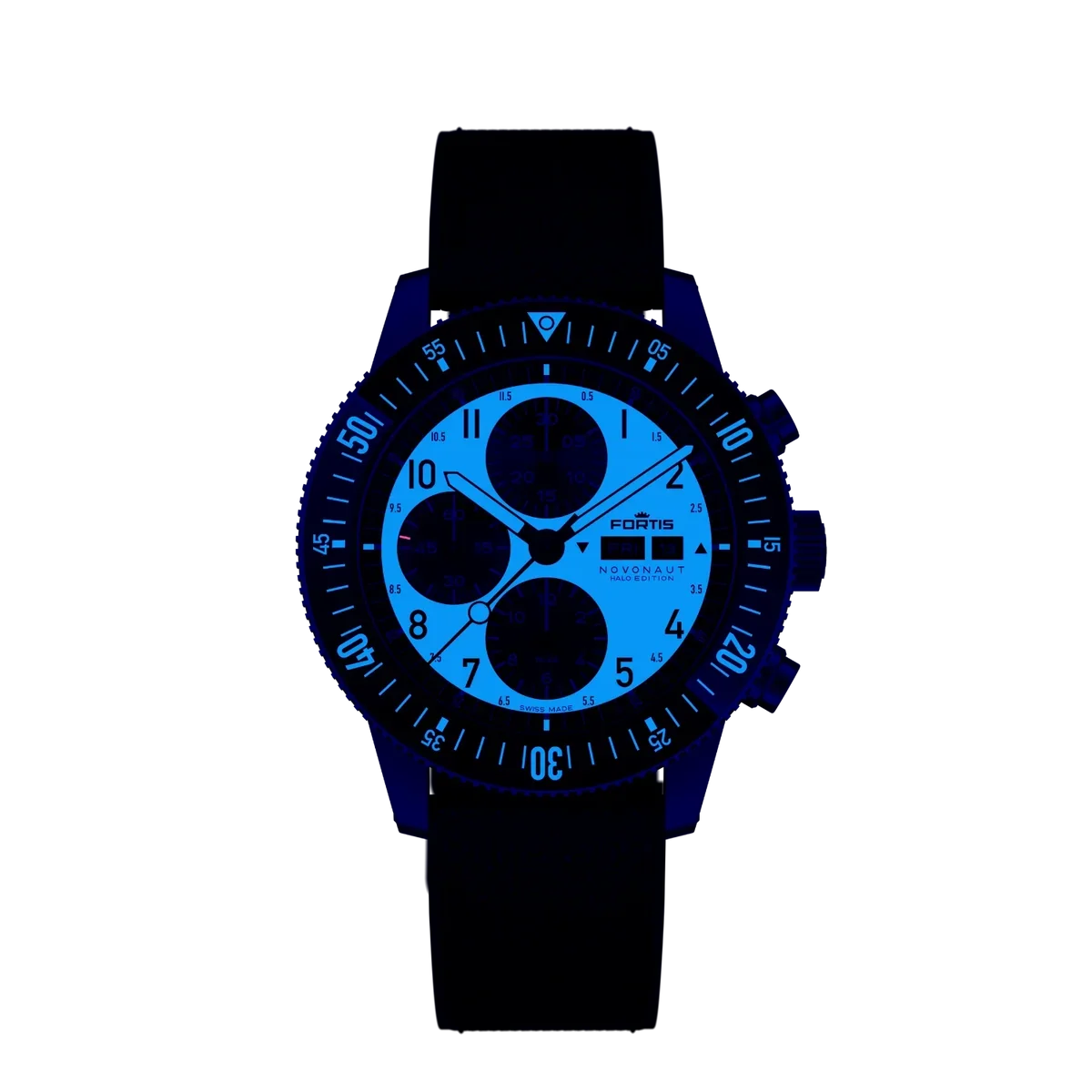 Fortis Novonaut Halo Edition chronograph watch glowing bright blue against a black background. Luminescent hands, markers & bezel.