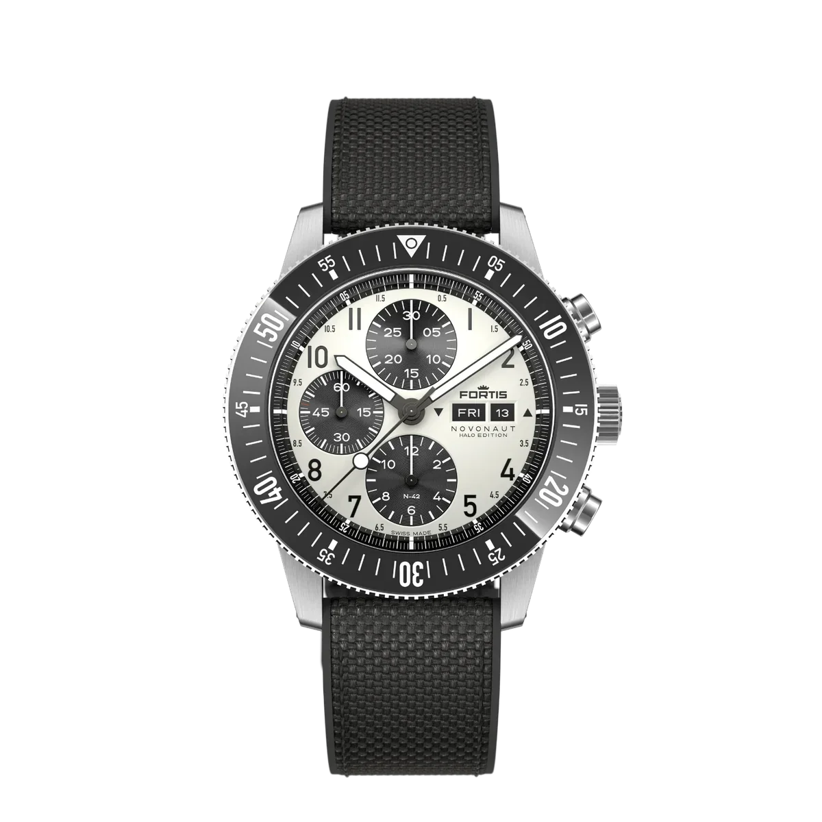 Fortis Novonaut Halo Edition chronograph. White dial, black subdials, rotating black bezel, steel case, black textile strap.